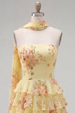Strapless A Line Tiered Ruffle Floral Yellow Homecoming Dress with Scarf