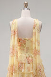 Strapless A Line Tiered Ruffle Floral Yellow Homecoming Dress with Scarf