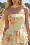 Strapless A Line Tiered Ruffle Floral Yellow Homecoming Dress with Scarf