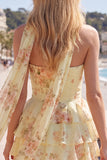 Strapless A Line Tiered Ruffle Floral Yellow Homecoming Dress with Scarf