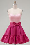 Pink Fuchsia Sweetheart Satin A Line Homecoming Dress with Bow
