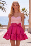 Pink Fuchsia Sweetheart Satin A Line Homecoming Dress with Bow