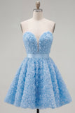 Blue Sweetheart A Line 3D Floral Short Homecoming Dress