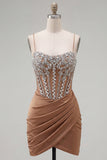 Khaki Beaded Corset Bodycon Short Homecoming Dress