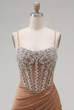Khaki Beaded Corset Bodycon Short Homecoming Dress
