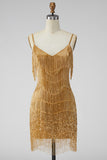 Golden Bodycon Fringed Short Homecoming Dress