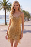 Golden Bodycon Fringed Short Homecoming Dress