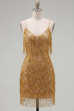 Golden Bodycon Fringed Short Homecoming Dress
