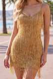 Golden Bodycon Fringed Short Homecoming Dress