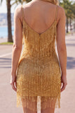 Golden Bodycon Fringed Short Homecoming Dress