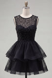 Pearl A Line Tiered Illusion Neck Black Homecoming Dress