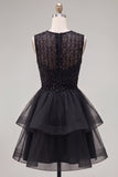 Pearl A Line Tiered Illusion Neck Black Homecoming Dress