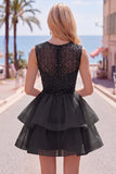 Pearl A Line Tiered Illusion Neck Black Homecoming Dress