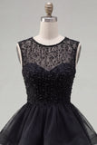 Pearl A Line Tiered Illusion Neck Black Homecoming Dress