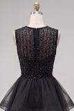 Pearl A Line Tiered Illusion Neck Black Homecoming Dress