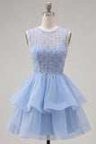 Pearl A Line Tiered Illusion Neck Black Homecoming Dress