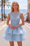 Pearl A Line Tiered Illusion Neck Black Homecoming Dress