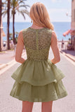 Pearl A Line Tiered Illusion Neck Black Homecoming Dress
