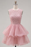 Pearl A Line Tiered Illusion Neck Black Homecoming Dress