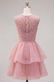 Pearl A Line Tiered Illusion Neck Black Homecoming Dress