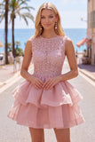 Pearl A Line Tiered Illusion Neck Black Homecoming Dress