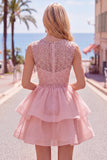 Pearl A Line Tiered Illusion Neck Black Homecoming Dress