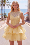 Pearl A Line Tiered Illusion Neck Black Homecoming Dress