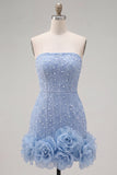 Blue Strapless 3D Flowers Bodycon Homecoming Dress with Pearls