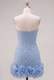 Blue Strapless 3D Flowers Bodycon Homecoming Dress with Pearls