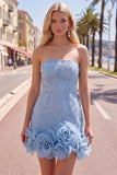 Blue Strapless 3D Flowers Bodycon Homecoming Dress with Pearls