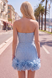 Blue Strapless 3D Flowers Bodycon Homecoming Dress with Pearls