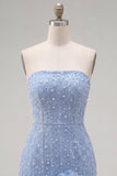 Blue Strapless 3D Flowers Bodycon Homecoming Dress with Pearls