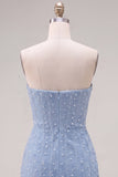 Blue Strapless 3D Flowers Bodycon Homecoming Dress with Pearls