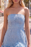 Blue Strapless 3D Flowers Bodycon Homecoming Dress with Pearls