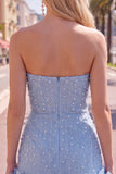 Blue Strapless 3D Flowers Bodycon Homecoming Dress with Pearls