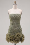 Blue Strapless 3D Flowers Bodycon Homecoming Dress with Pearls