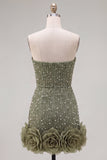 Blue Strapless 3D Flowers Bodycon Homecoming Dress with Pearls