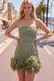 Blue Strapless 3D Flowers Bodycon Homecoming Dress with Pearls