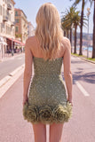 Blue Strapless 3D Flowers Bodycon Homecoming Dress with Pearls