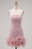 Blue Strapless 3D Flowers Bodycon Homecoming Dress with Pearls