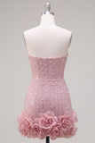Blue Strapless 3D Flowers Bodycon Homecoming Dress with Pearls