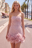 Blue Strapless 3D Flowers Bodycon Homecoming Dress with Pearls