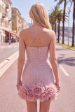 Blue Strapless 3D Flowers Bodycon Homecoming Dress with Pearls