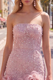 Blue Strapless 3D Flowers Bodycon Homecoming Dress with Pearls