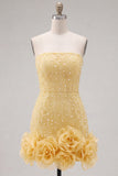 Blue Strapless 3D Flowers Bodycon Homecoming Dress with Pearls