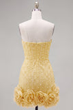 Blue Strapless 3D Flowers Bodycon Homecoming Dress with Pearls