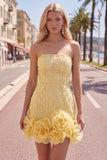 Blue Strapless 3D Flowers Bodycon Homecoming Dress with Pearls