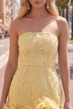 Blue Strapless 3D Flowers Bodycon Homecoming Dress with Pearls