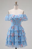 Yellow Off the Shoulder Tiered A Line Floral Homecoming Dress with Lace-up Back