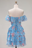 Yellow Off the Shoulder Tiered A Line Floral Homecoming Dress with Lace-up Back